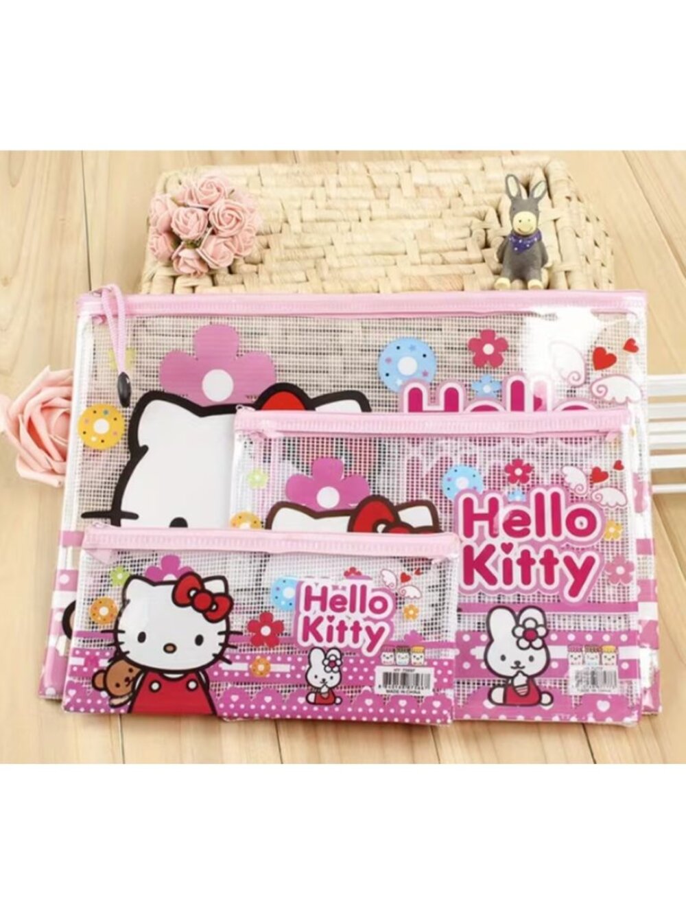 Hello Kitty 3Pc Mesh Zipper Pouch Set Pencil Case File Organizer Bags Pink